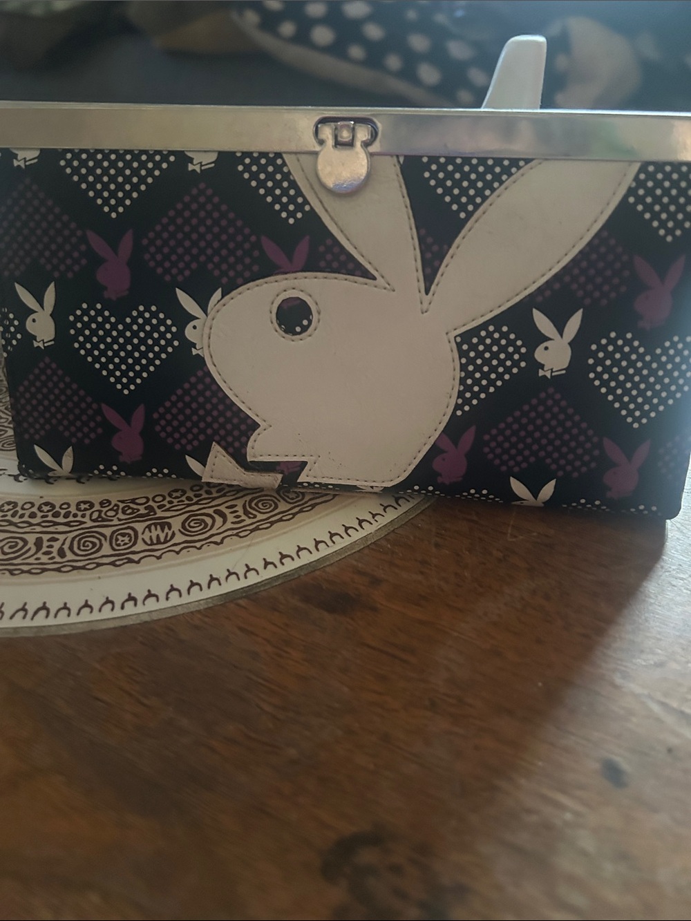 vintage y2k rare!PLAYBOY Black, Purple & White Bunny Frame Clutch